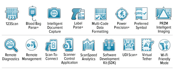 Print DNA、123 Scan、Blood Bag Parse+、智能文档采集、Label Parse+、多条码扫描设置、PowerPrecision+ 电池、Preferred Symbol、PRZM 智能成像、远程诊断、远程管理、Scan-To-Connect、扫描器控制应用程序、ScanSpeed Analytics、软件开发套件 (SDK)、UDI Scan+、虚拟围栏、WiFi 友好模式