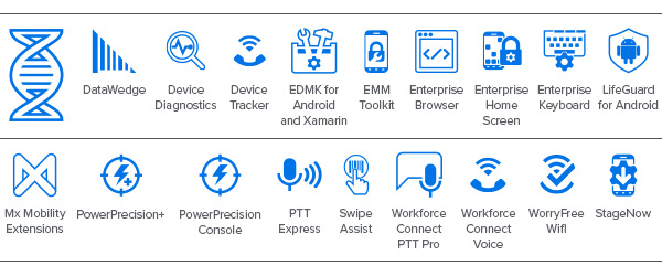 EC30 Mobility DNA 图标：DataWedge 图标、设备诊断图标、设备跟踪器图标、Android 和 Xamarin 版 EMDK 图标、EMM 工具包图标、企业浏览器图标、Enterprise Home Screen 图标、企业键盘图标、Android 版 LifeGuard 图标、Mx Mobility Extensions 图标、PowerPrecision+ 图标、PowerPrecision 控制台图标、PTT Express 图标、刷卡辅助图标、Workforce Connect PTT Pro 图标、Workforce Connect Voice 图标、WorryFree WiFi 图标、StageNow 图标