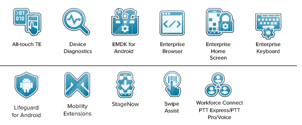 MC3300 Mobility DNA 软件图标、全触屏 TE、Device Diagnostics、EMDK for Android、Enterprise Browser、Enterprise Home Screen、Enterprise Keyboard、Lifeguard for Android、Mobility Extensions、StageNow、Swipe Assist、Workforce Connect PTT Express/PTT Pro/Voice