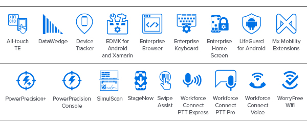 MC9300 Mobility DNA 图标、All-touch TE 图标、DataWedge 图标、Device Tracker 图标、EMDK for Android and Xamarin 图标、Enterprise Browser 图标、Enterprise Keyboard 图标、Enterprise Home Screen 图标、LifeGuard 图标、Mx Mobility Extensions 图标、PowerPrecision+ 图标、PowerPrecision Console 图标、SimulScan 图标、StageNow 图标、Swipe Assist 图标、Workforce Connect PPT Express 图标、Workforce Connect PPT 图标、Workforce Connect Voice 图标、WorryFree WiFi 图标