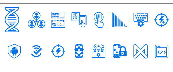 Mobility DNA 软件图标：All-Touch Terminal Emulation 图标、SWIPE Assist 图标、Enterprise Keyboard 图标、Simulscan、DataWedge 图标、PowerPrecision 图标、SimulScan 图标、Enterprise Home Screen 图标、StageNow 图标、Mobility DNA Wireless 图标、PowerPrecision Console 图标、Lifeguard for Android 图标、Enterprise Mobility Development Tool Kit 图标、Mobility Extensions (MX) 图标以及 Enterprise Browser 图标