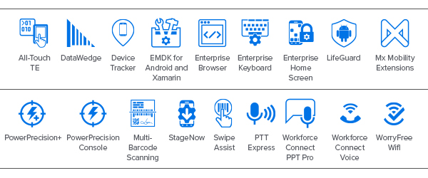 TC52X-HC 系列移动数据终端 Mobility DNA 图标：All-touch TE、DataWedge、Device Tracker、EMDK for Android and Xamarin、Enterprise Browser、Enterprise Keyboard、Enterprise Home Screen、LifeGuard for Android、Mx Mobility Extensions、PowerPrecision+、PowerPrecision Console、Multi-Barcode Scanning、StageNow、Swipe Assist、PTT Express、Workforce Connect PTT Pro、Workforce Connect Voice、WorryFree WiFi