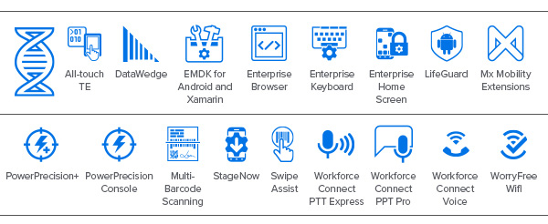 TC72 / TC77 Mobility DNA 图标——All-touch TE、DataWedge、EMDK for Android and Xamarin、Enterprise Browser、Enterprise Keyboard、Enterprise Home Screen、LifeGuard、Mx Mobility Extensions、PowerPrecision+、PowerPrecision Console、Multi-Barcode Scanning、StageNow、Swipe Assist、Workforce Connect PTT Express、Workforce Connect PTT Pro、Workforce Connect Voice、WorryFree WiFi