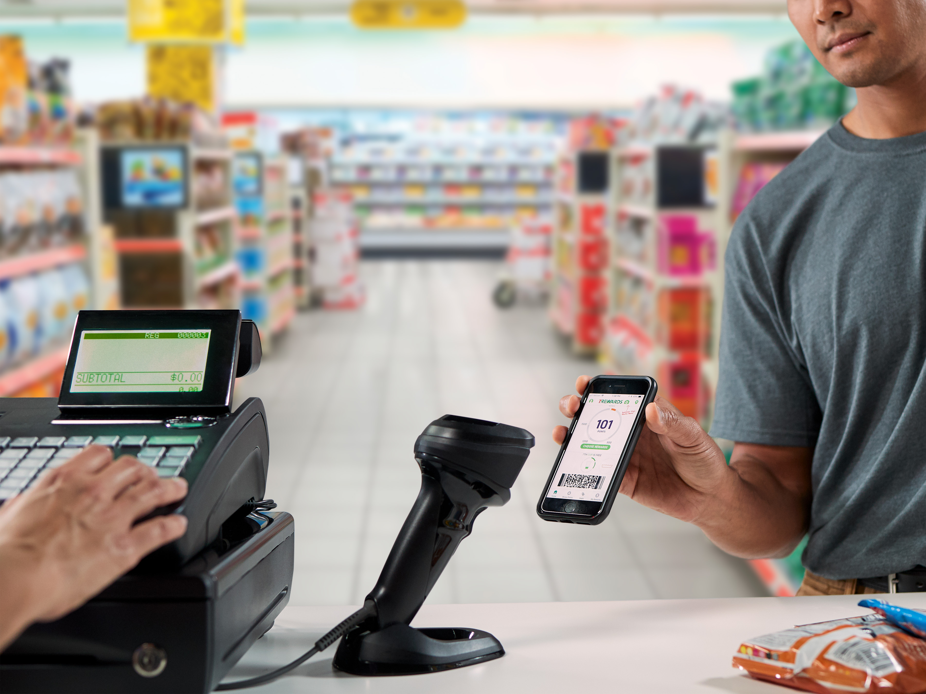 Zebra barcode scanner on a fixed mount allows workers to scan mobile devices and barcodes hands free